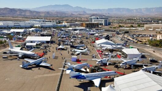 an aerial view of an airport with many airplanes