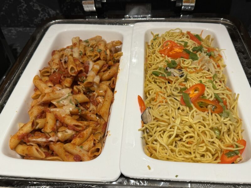 a tray of pasta and noodles