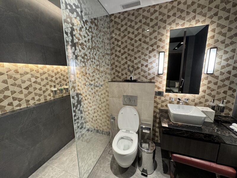 a bathroom with a shower and toilet