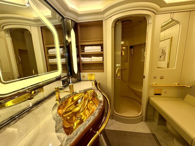 Golden private toilet with walk-in shower