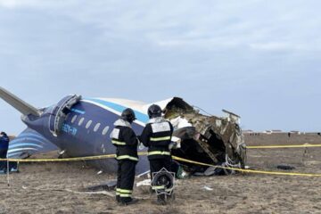 a group of people standing next to a crashed plane