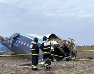 a group of people standing next to a crashed plane