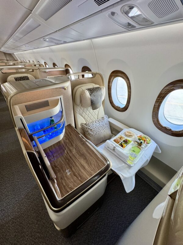 a tray of food on a table in a plane