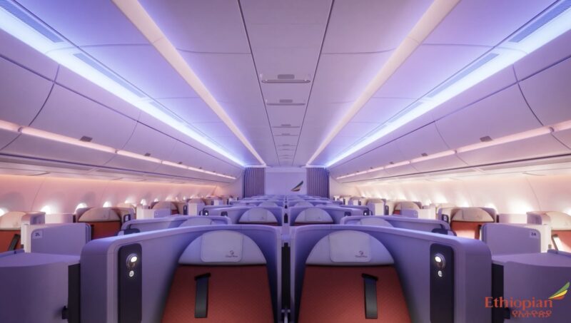 inside an airplane with seats and lights