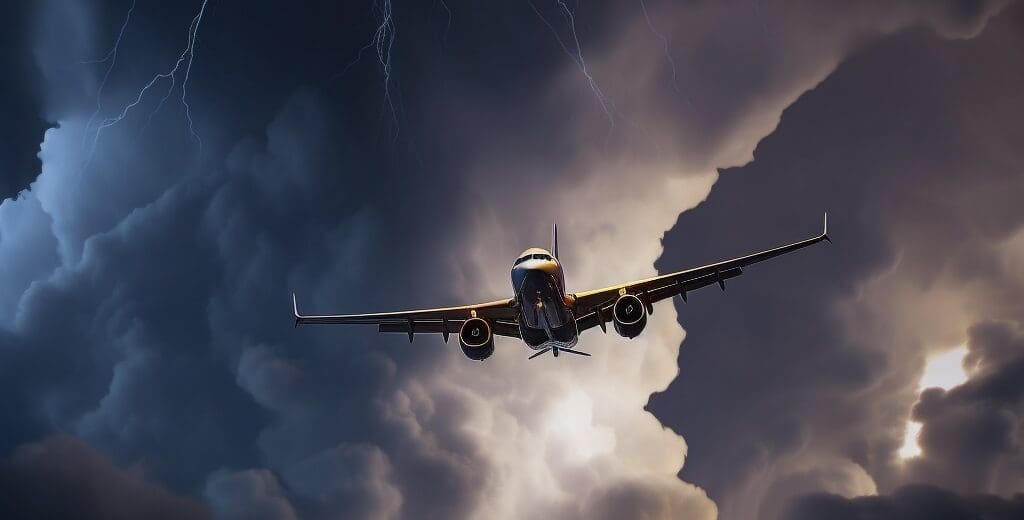 an airplane flying in the sky with lightning