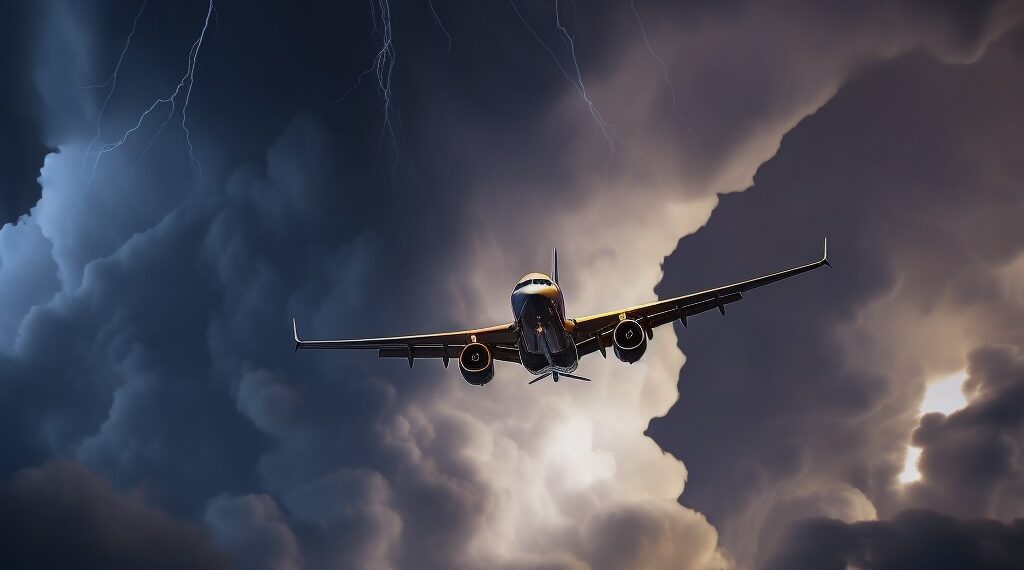 an airplane flying in the sky with lightning