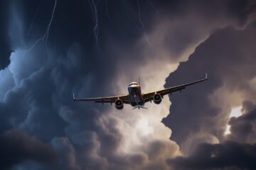 an airplane flying in the sky with lightning