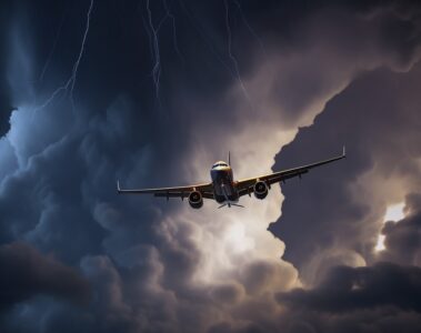 an airplane flying in the sky with lightning