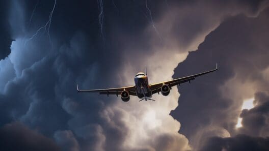 an airplane flying in the sky with lightning