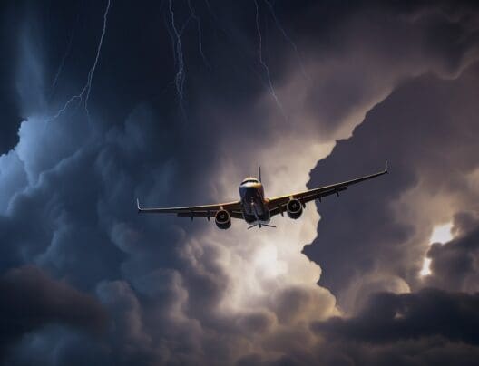 an airplane flying in the sky with lightning