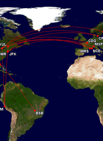 a map of the world with red lines