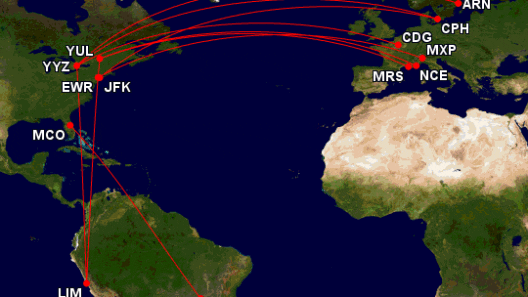 a map of the world with red lines