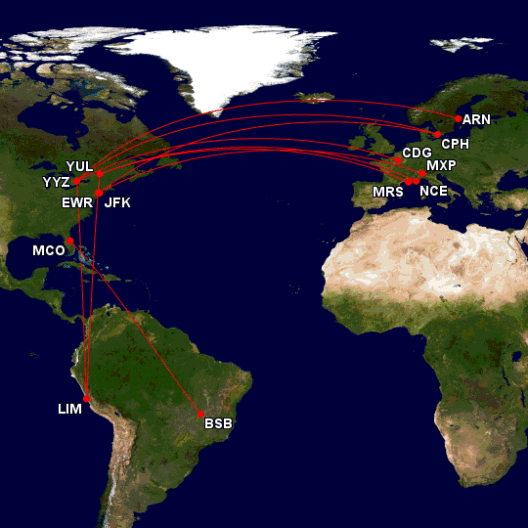 a map of the world with red lines