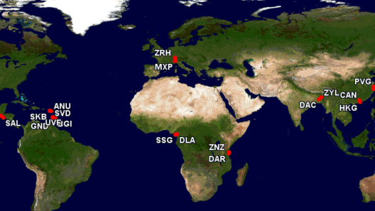a map of the world with red dots