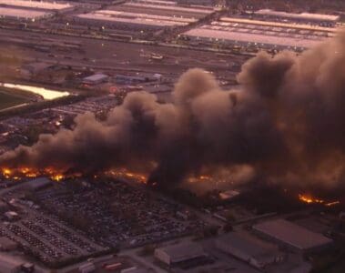 a building on fire with smoke coming out of it