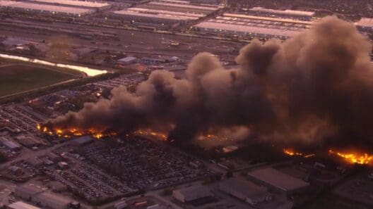 a building on fire with smoke coming out of it