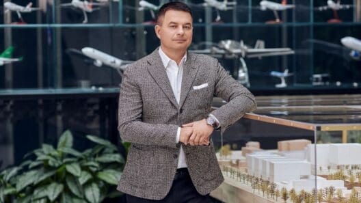 a man standing in front of a model of a plane