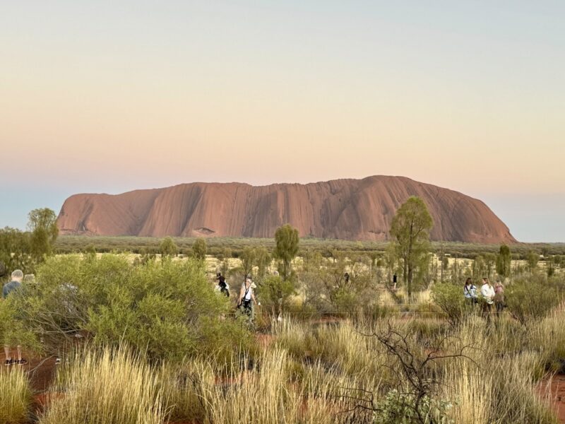 a group of people walking in a field with a large rock in the background with Uluru in the background