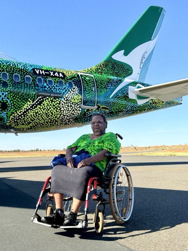 a woman in a wheelchair next to an airplane