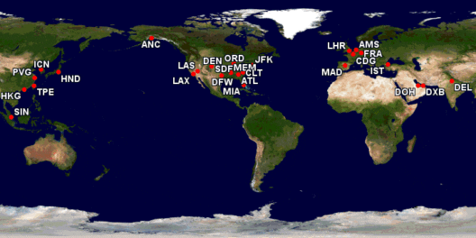 a map of the world with red dots