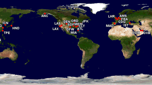 a map of the world with red dots