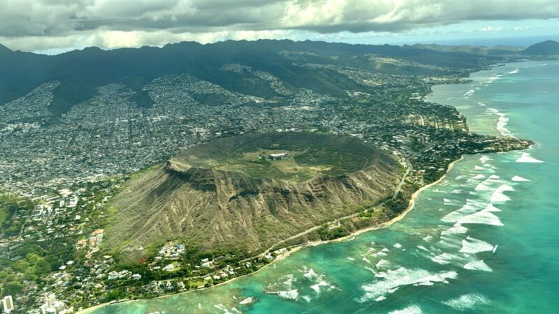 aerial view of a volcano in the middle of Diamond Head