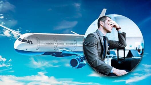 a man in a suit and luggage in the air