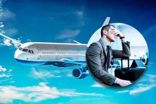 a man in a suit and luggage in the air