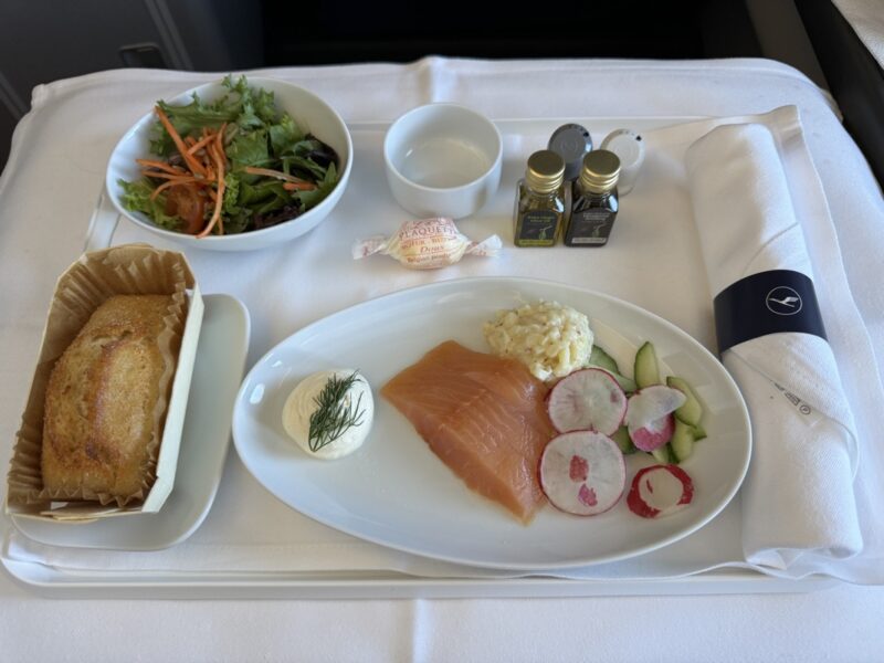 Lunch starter: Arctic Char with Salad, German Landbrot bread