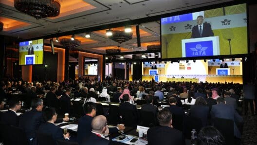 a group of people sitting in chairs in a room with a large screen