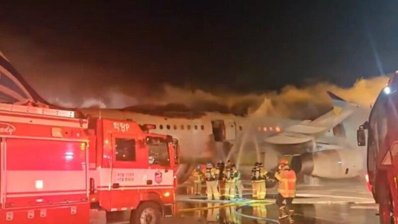 firemen standing near a plane