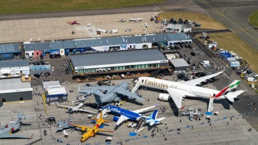 an aerial view of airplanes and buildings