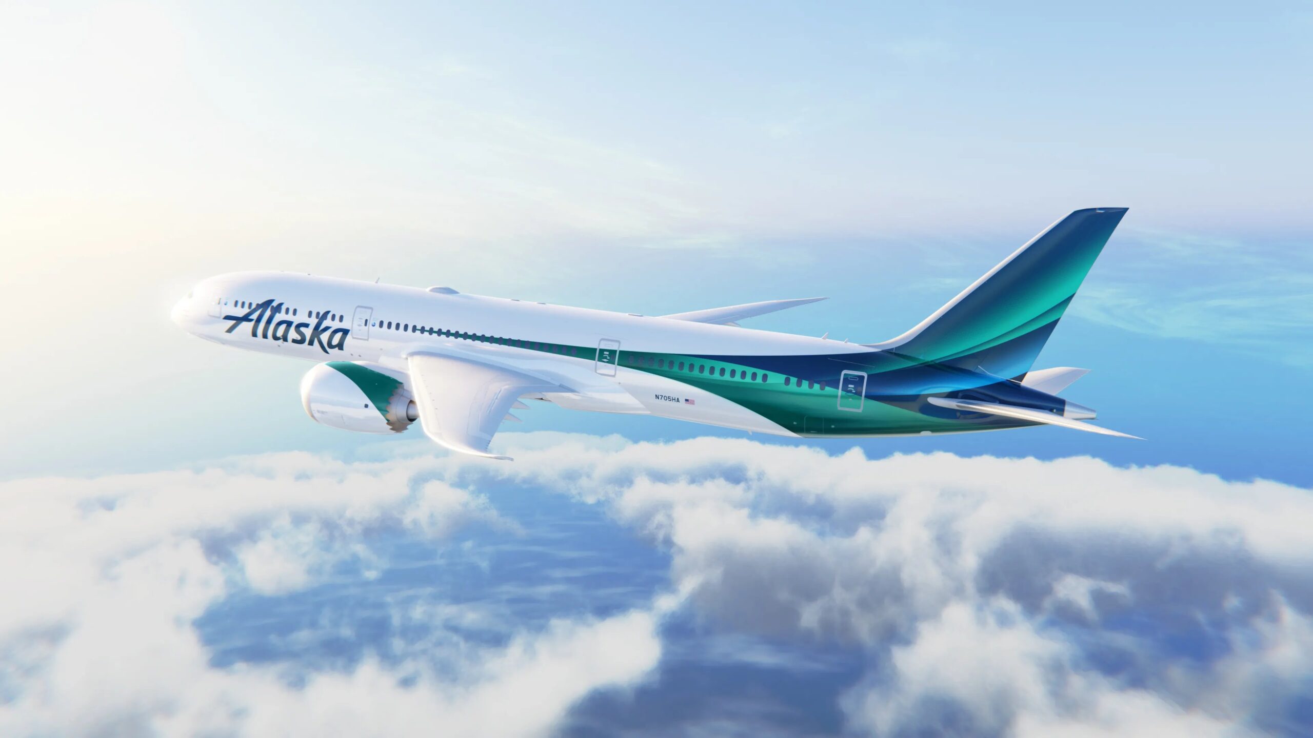 a white and green airplane in the sky