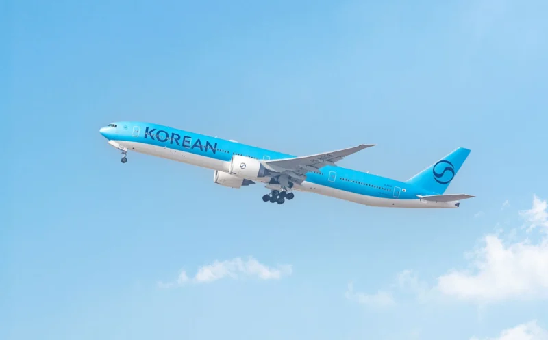 a blue and white airplane flying in the sky